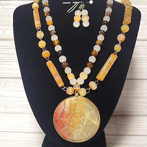 Vintage Carved Banded Agate, Tigers Eye And Glass Beaded Necklace Set Upcycled - Picture 1 of 6